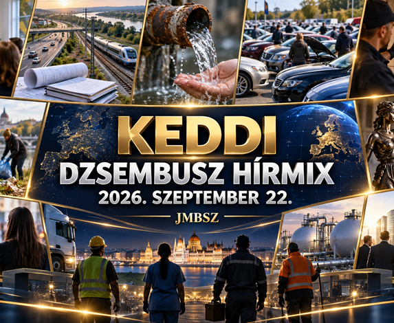 A 2026. szeptember 22-i Keddi Dzsembusz Hírmix sötétkék–arany hírszerkesztőségi kollázsa oktatási, közlekedési, vízügyi, biztonsági, jogállami, média- és energetikai témákkal.