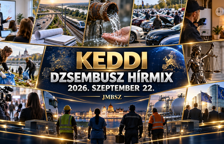 A 2026. szeptember 22-i Keddi Dzsembusz Hírmix sötétkék–arany hírszerkesztőségi kollázsa oktatási, közlekedési, vízügyi, biztonsági, jogállami, média- és energetikai témákkal.