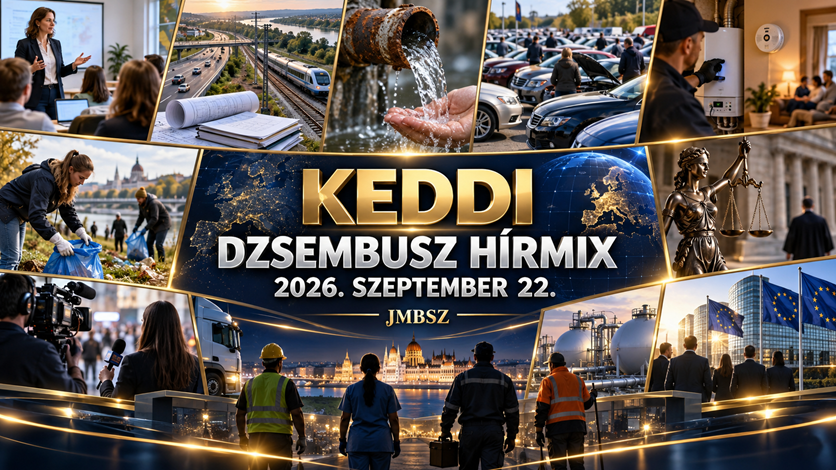 A 2026. szeptember 22-i Keddi Dzsembusz Hírmix sötétkék–arany hírszerkesztőségi kollázsa oktatási, közlekedési, vízügyi, biztonsági, jogállami, média- és energetikai témákkal.