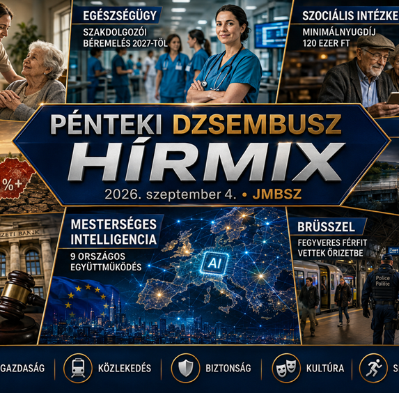 Pénteki JMBSZ Dzsembusz Hírmix 2026. szeptember 4-én, szociális béremelésekkel, egészségügyi szakdolgozói bérrendezéssel, 120 ezer forintos minimálnyugdíjjal, történelmi aszállyal, MNB-feljelentéssel, paksi fenékküszöbbel, mesterséges intelligencia együttműködéssel és brüsszeli pályaudvari biztonsági üggyel.