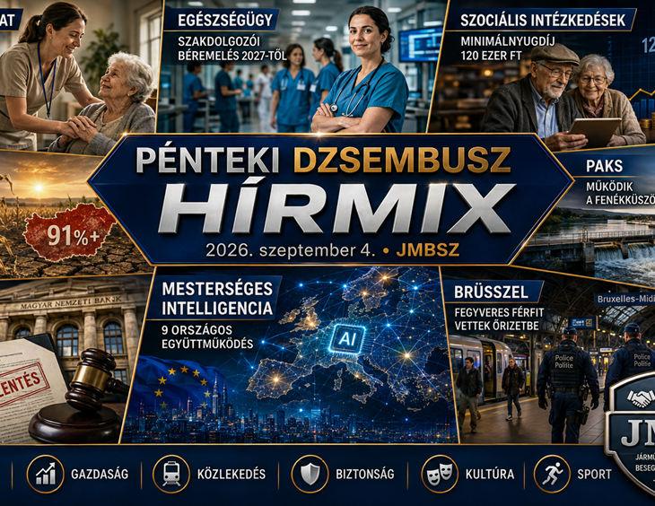 Pénteki JMBSZ Dzsembusz Hírmix 2026. szeptember 4-én, szociális béremelésekkel, egészségügyi szakdolgozói bérrendezéssel, 120 ezer forintos minimálnyugdíjjal, történelmi aszállyal, MNB-feljelentéssel, paksi fenékküszöbbel, mesterséges intelligencia együttműködéssel és brüsszeli pályaudvari biztonsági üggyel.