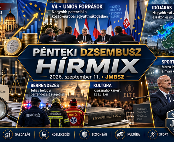 Pénteki JMBSZ Dzsembusz Hírmix 2026. szeptember 11-én euróbevezetéssel, V4-es és uniós költségvetési egyeztetésekkel, belügyi bérrendezéssel, közpénzügyi vizsgálatokkal, közösségi közlekedési fejlesztésekkel, időjárással, kultúrával és sporthírekkel.