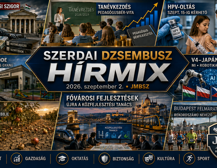 Szerdai JMBSZ Dzsembusz Hírmix 2026. szeptember 2-án, vagyonelkobzási szigorítással, tanévkezdéssel és pedagógusbér-vitával, ingyenes HPV-oltással, kazári bölcsődei közbeszerzési üggyel, történelmi almatermés-visszaeséssel, fővárosi fejlesztésekkel, V4–Japán együttműködéssel és rekord Budapest Félmaratonnal.