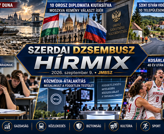 JMBSZ Dzsembusz Hírmix 2026. szeptember 10-re, 16:9 arányú hírgrafika magyarországi és nemzetközi közéleti, gazdasági, közlekedési és sporttémákkal.