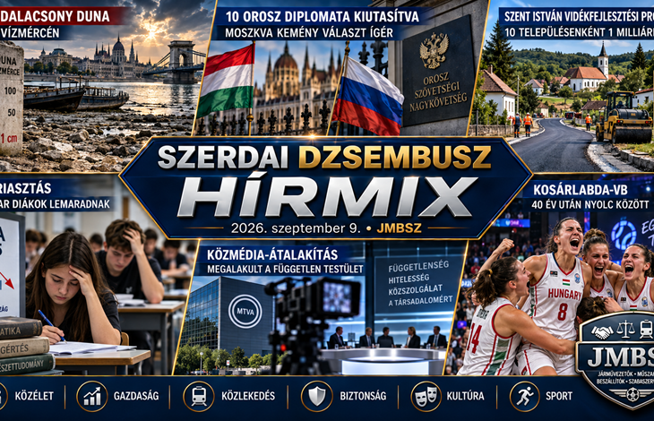 JMBSZ Dzsembusz Hírmix 2026. szeptember 10-re, 16:9 arányú hírgrafika magyarországi és nemzetközi közéleti, gazdasági, közlekedési és sporttémákkal.