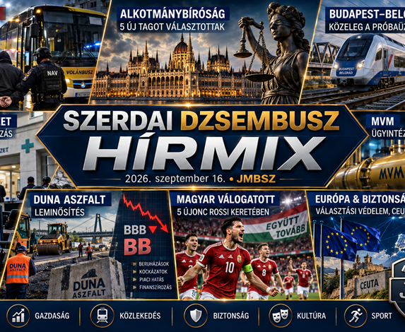 Szerdai JMBSZ Dzsembusz Hírmix 2026. szeptember 16-án Volánbusz-üggyel, onkológiai intézeti nyomozással, öt új alkotmánybíróval, a Budapest–Belgrád vasút közelgő próbaüzemével, MVM-ügyintézési korlátozásokkal, Duna Aszfalt-leminősítéssel, európai biztonsági hírekkel és a magyar labdarúgó-válogatott öt újoncával.