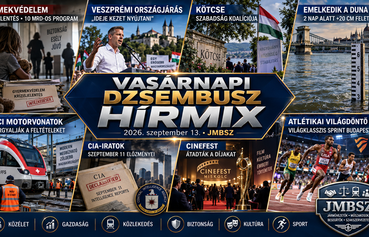 Vasárnapi JMBSZ Dzsembusz Hírmix 2026. szeptember 13-án gyermekvédelmi krízisprogrammal, veszprémi országjárással, kötcsei politikai hírekkel, emelkedő Duna-vízszinttel, svájci motorvonatok újratárgyalásával, CIA-iratokkal, CineFesttel és budapesti atlétikai Világdöntővel.