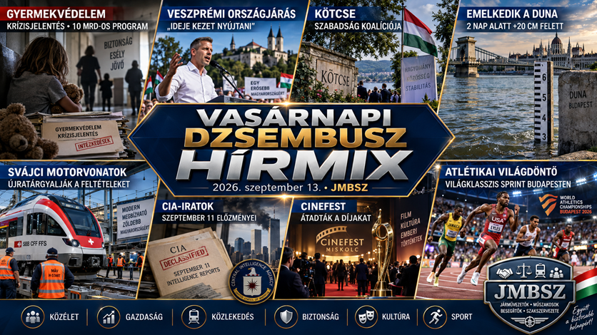 Vasárnapi JMBSZ Dzsembusz Hírmix 2026. szeptember 13-án gyermekvédelmi krízisprogrammal, veszprémi országjárással, kötcsei politikai hírekkel, emelkedő Duna-vízszinttel, svájci motorvonatok újratárgyalásával, CIA-iratokkal, CineFesttel és budapesti atlétikai Világdöntővel.
