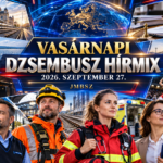 A JMBSZ 2026. szeptember 27-i Vasárnapi Dzsembusz Hírmixének borítóképe vasúttal, mérőbójával, mentőssel, járművezetővel, közszolgálati dolgozókkal, kulturális és sportjelenetekkel.