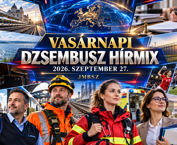 A JMBSZ 2026. szeptember 27-i Vasárnapi Dzsembusz Hírmixének borítóképe vasúttal, mérőbójával, mentőssel, járművezetővel, közszolgálati dolgozókkal, kulturális és sportjelenetekkel.