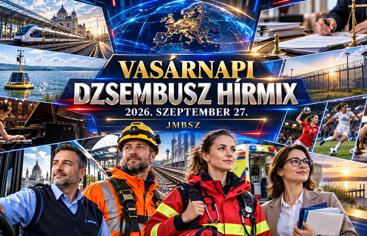A JMBSZ 2026. szeptember 27-i Vasárnapi Dzsembusz Hírmixének borítóképe vasúttal, mérőbójával, mentőssel, járművezetővel, közszolgálati dolgozókkal, kulturális és sportjelenetekkel.
