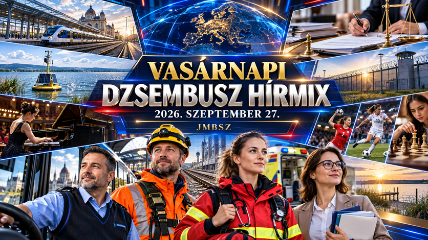A JMBSZ 2026. szeptember 27-i Vasárnapi Dzsembusz Hírmixének borítóképe vasúttal, mérőbójával, mentőssel, járművezetővel, közszolgálati dolgozókkal, kulturális és sportjelenetekkel.