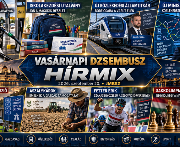 Vasárnapi JMBSZ Dzsembusz Hírmix 2026. szeptember 20. – dízeltámogatás, iskolakezdési utalvány, közlekedési vezetőváltás, autópálya-koncesszió, aszálykárok és magyar sportsikerek.