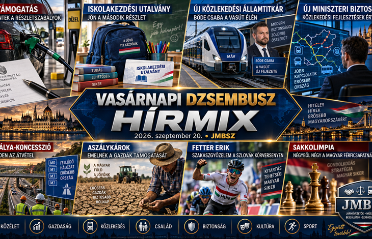 Vasárnapi JMBSZ Dzsembusz Hírmix 2026. szeptember 20. – dízeltámogatás, iskolakezdési utalvány, közlekedési vezetőváltás, autópálya-koncesszió, aszálykárok és magyar sportsikerek.