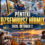 A JMBSZ 2026. október 2-ai pénteki Dzsembusz Hírmixének mélykék-arany borítóképe járművezetővel, műszaki dolgozóval, gyógyszeriparral, mezőgazdasággal, kultúrával és sporttal