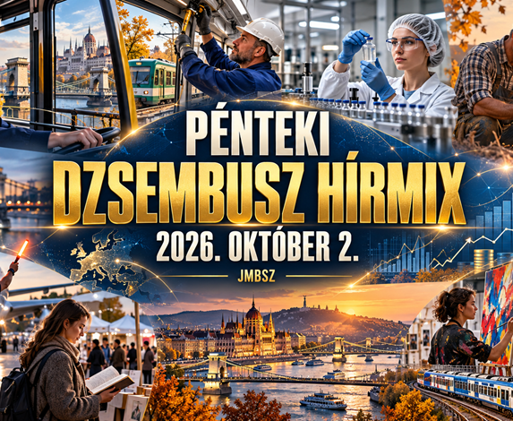 A JMBSZ 2026. október 2-ai pénteki Dzsembusz Hírmixének mélykék-arany borítóképe járművezetővel, műszaki dolgozóval, gyógyszeriparral, mezőgazdasággal, kultúrával és sporttal