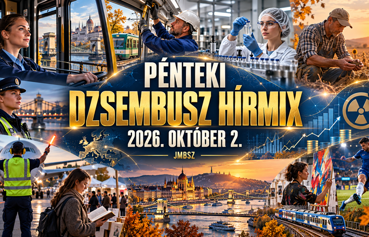 A JMBSZ 2026. október 2-ai pénteki Dzsembusz Hírmixének mélykék-arany borítóképe járművezetővel, műszaki dolgozóval, gyógyszeriparral, mezőgazdasággal, kultúrával és sporttal