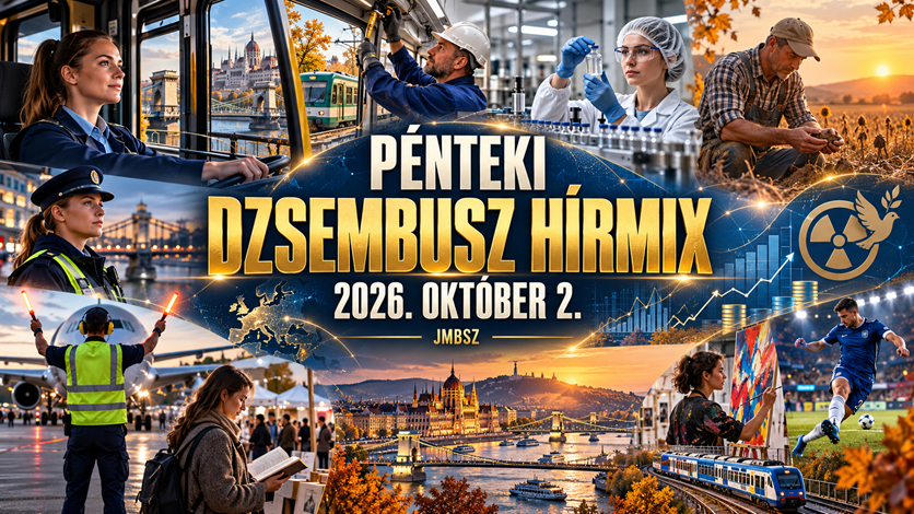 A JMBSZ 2026. október 2-ai pénteki Dzsembusz Hírmixének mélykék-arany borítóképe járművezetővel, műszaki dolgozóval, gyógyszeriparral, mezőgazdasággal, kultúrával és sporttal