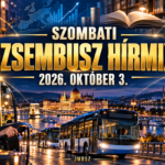 A JMBSZ 2026. október 3-i Szombati Dzsembusz Hírmixének borítóképe új autóbuszokkal, járművezetővel, műszaki dolgozóval, energiával, kultúrával és sporttal