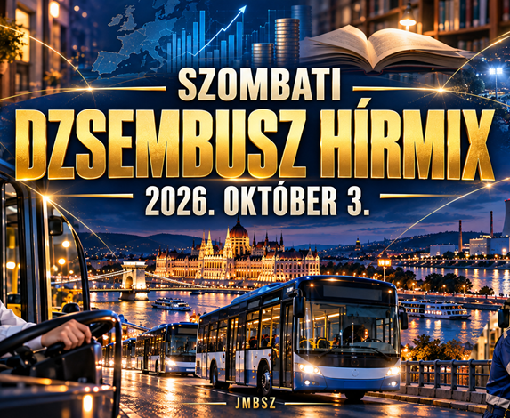 A JMBSZ 2026. október 3-i Szombati Dzsembusz Hírmixének borítóképe új autóbuszokkal, járművezetővel, műszaki dolgozóval, energiával, kultúrával és sporttal