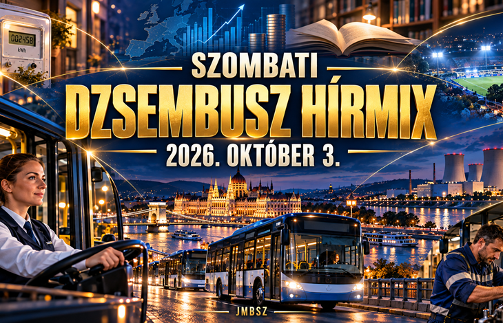 A JMBSZ 2026. október 3-i Szombati Dzsembusz Hírmixének borítóképe új autóbuszokkal, járművezetővel, műszaki dolgozóval, energiával, kultúrával és sporttal