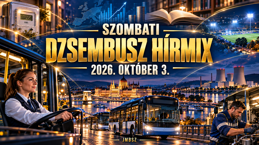 A JMBSZ 2026. október 3-i Szombati Dzsembusz Hírmixének borítóképe új autóbuszokkal, járművezetővel, műszaki dolgozóval, energiával, kultúrával és sporttal