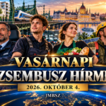 A JMBSZ 2026. október 4-i Vasárnapi Dzsembusz Hírmixének borítóképe munkavállalókkal, autóbusz-vezetővel, vasúttal, budapesti látképpel és a napi hírek jelképeivel.