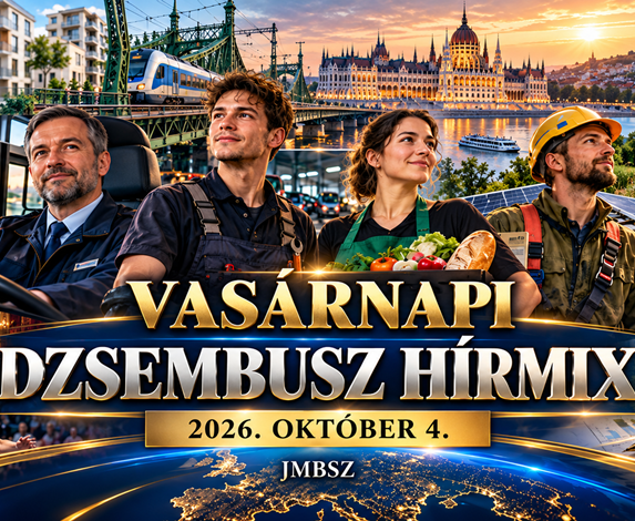 A JMBSZ 2026. október 4-i Vasárnapi Dzsembusz Hírmixének borítóképe munkavállalókkal, autóbusz-vezetővel, vasúttal, budapesti látképpel és a napi hírek jelképeivel.