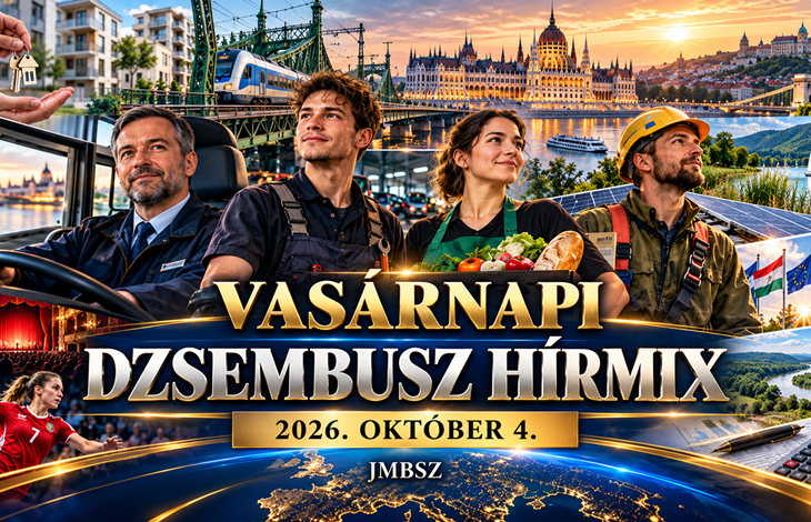 A JMBSZ 2026. október 4-i Vasárnapi Dzsembusz Hírmixének borítóképe munkavállalókkal, autóbusz-vezetővel, vasúttal, budapesti látképpel és a napi hírek jelképeivel.