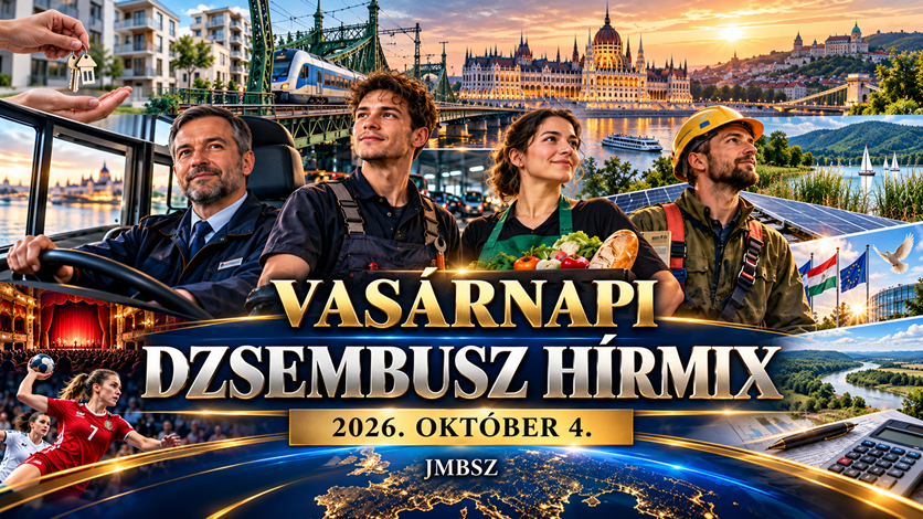 A JMBSZ 2026. október 4-i Vasárnapi Dzsembusz Hírmixének borítóképe munkavállalókkal, autóbusz-vezetővel, vasúttal, budapesti látképpel és a napi hírek jelképeivel.