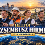 A JMBSZ 2026. október 5-i Hétfői Dzsembusz Hírmixének borítóképe autóbusz-vezetővel, vasúti és műszaki dolgozókkal, budapesti látképpel, vonattal, elektromos autóval és a napi hírek jelképeivel.