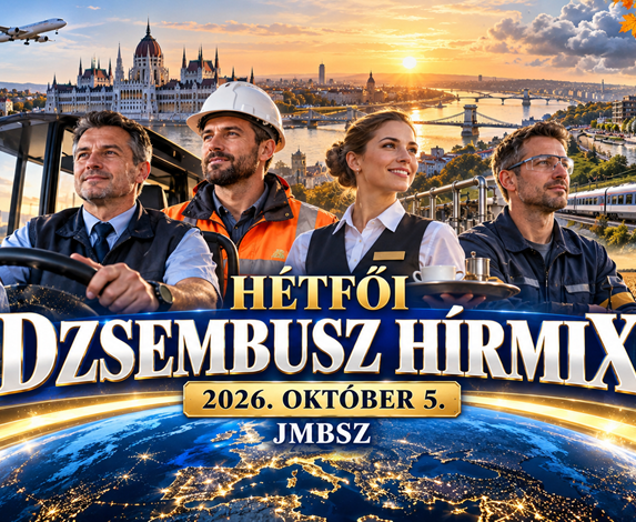 A JMBSZ 2026. október 5-i Hétfői Dzsembusz Hírmixének borítóképe autóbusz-vezetővel, vasúti és műszaki dolgozókkal, budapesti látképpel, vonattal, elektromos autóval és a napi hírek jelképeivel.