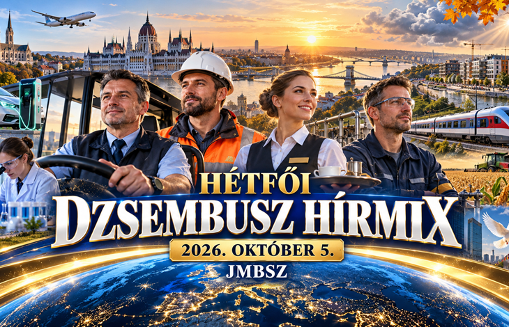 A JMBSZ 2026. október 5-i Hétfői Dzsembusz Hírmixének borítóképe autóbusz-vezetővel, vasúti és műszaki dolgozókkal, budapesti látképpel, vonattal, elektromos autóval és a napi hírek jelképeivel.