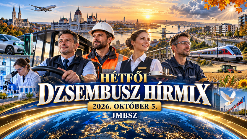 A JMBSZ 2026. október 5-i Hétfői Dzsembusz Hírmixének borítóképe autóbusz-vezetővel, vasúti és műszaki dolgozókkal, budapesti látképpel, vonattal, elektromos autóval és a napi hírek jelképeivel.