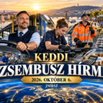 A JMBSZ 2026. október 6-i Keddi Dzsembusz Hírmixének borítóképe autóbusz-vezetővel, járművet ellenőrző műszaki dolgozóval, közterületi munkással, budapesti látképpel és a napi hírek jelképeivel.
