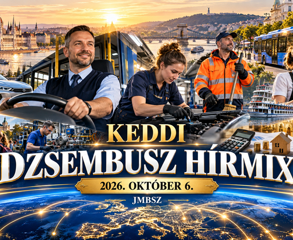 A JMBSZ 2026. október 6-i Keddi Dzsembusz Hírmixének borítóképe autóbusz-vezetővel, járművet ellenőrző műszaki dolgozóval, közterületi munkással, budapesti látképpel és a napi hírek jelképeivel.