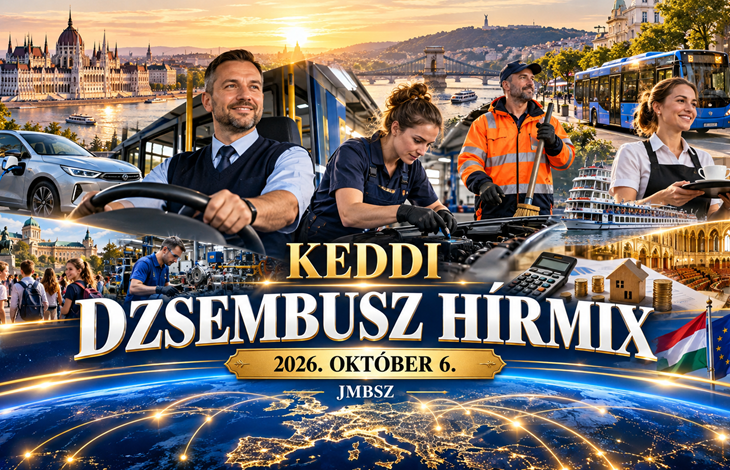 A JMBSZ 2026. október 6-i Keddi Dzsembusz Hírmixének borítóképe autóbusz-vezetővel, járművet ellenőrző műszaki dolgozóval, közterületi munkással, budapesti látképpel és a napi hírek jelképeivel.