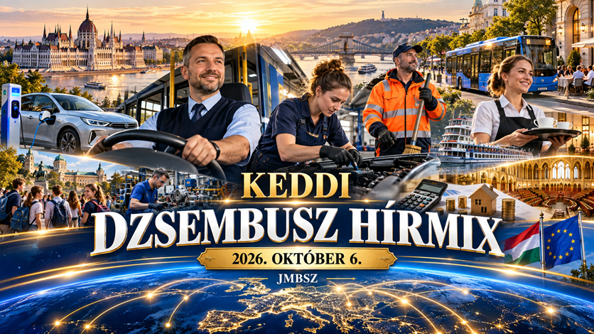 A JMBSZ 2026. október 6-i Keddi Dzsembusz Hírmixének borítóképe autóbusz-vezetővel, járművet ellenőrző műszaki dolgozóval, közterületi munkással, budapesti látképpel és a napi hírek jelképeivel.