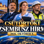 Autóbusz-vezető, szociális szakember és műszaki dolgozó Budapest, közösségi közlekedési járművek és kék-arany hírgrafika előtt – Csütörtöki Dzsembusz Hírmix, 2026. október 8., JMBSZ.