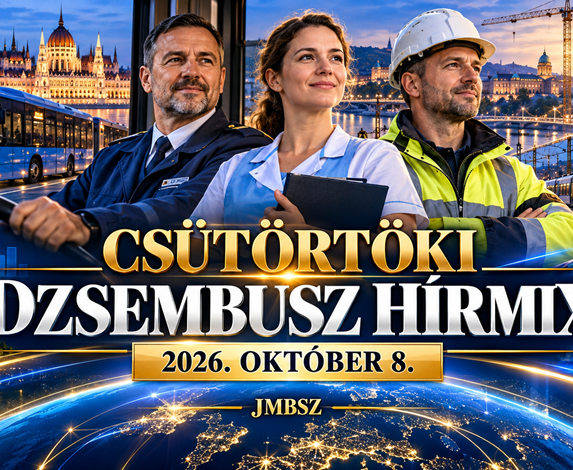 Autóbusz-vezető, szociális szakember és műszaki dolgozó Budapest, közösségi közlekedési járművek és kék-arany hírgrafika előtt – Csütörtöki Dzsembusz Hírmix, 2026. október 8., JMBSZ.