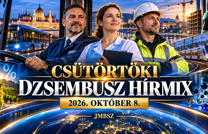 Autóbusz-vezető, szociális szakember és műszaki dolgozó Budapest, közösségi közlekedési járművek és kék-arany hírgrafika előtt – Csütörtöki Dzsembusz Hírmix, 2026. október 8., JMBSZ.