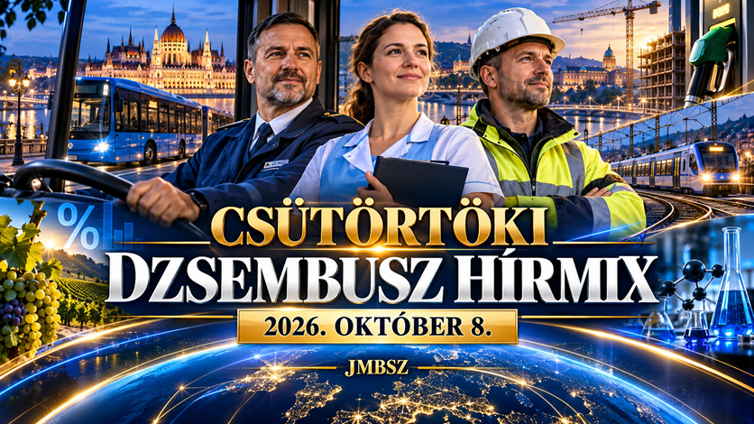 Autóbusz-vezető, szociális szakember és műszaki dolgozó Budapest, közösségi közlekedési járművek és kék-arany hírgrafika előtt – Csütörtöki Dzsembusz Hírmix, 2026. október 8., JMBSZ.