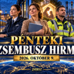 Villamosvezető, gyermekvédelmi szakember és vasúti műszaki dolgozó Budapest, egy modern villamos és vasúti szerelvény előtt, kék-arany hírgrafikában – Pénteki Dzsembusz Hírmix, 2026. október 9., JMBSZ.