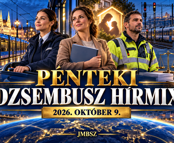 Villamosvezető, gyermekvédelmi szakember és vasúti műszaki dolgozó Budapest, egy modern villamos és vasúti szerelvény előtt, kék-arany hírgrafikában – Pénteki Dzsembusz Hírmix, 2026. október 9., JMBSZ.