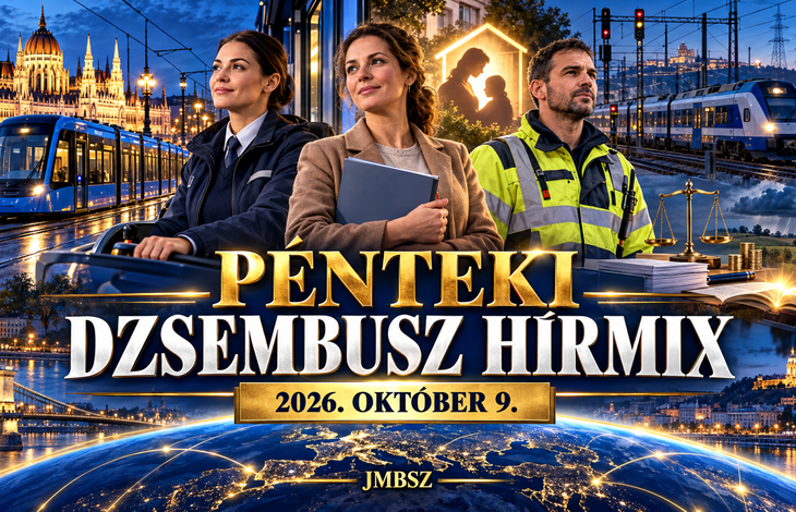 Villamosvezető, gyermekvédelmi szakember és vasúti műszaki dolgozó Budapest, egy modern villamos és vasúti szerelvény előtt, kék-arany hírgrafikában – Pénteki Dzsembusz Hírmix, 2026. október 9., JMBSZ.