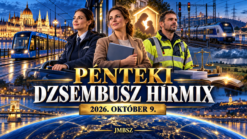 Villamosvezető, gyermekvédelmi szakember és vasúti műszaki dolgozó Budapest, egy modern villamos és vasúti szerelvény előtt, kék-arany hírgrafikában – Pénteki Dzsembusz Hírmix, 2026. október 9., JMBSZ.