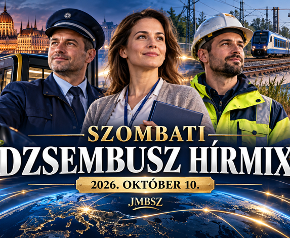 Szombati Dzsembusz Hírmix 2026. október 10. – járművezető, gyermekvédelmi szakember és vasúti műszaki dolgozó a JMBSZ napi hírösszefoglalójának borítóján