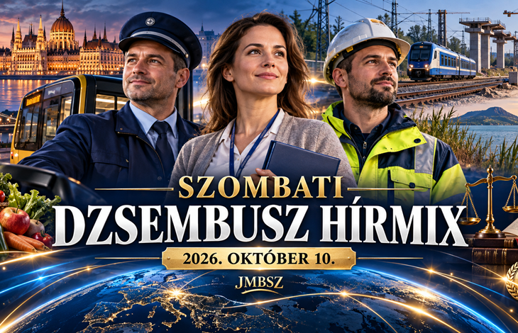 Szombati Dzsembusz Hírmix 2026. október 10. – járművezető, gyermekvédelmi szakember és vasúti műszaki dolgozó a JMBSZ napi hírösszefoglalójának borítóján