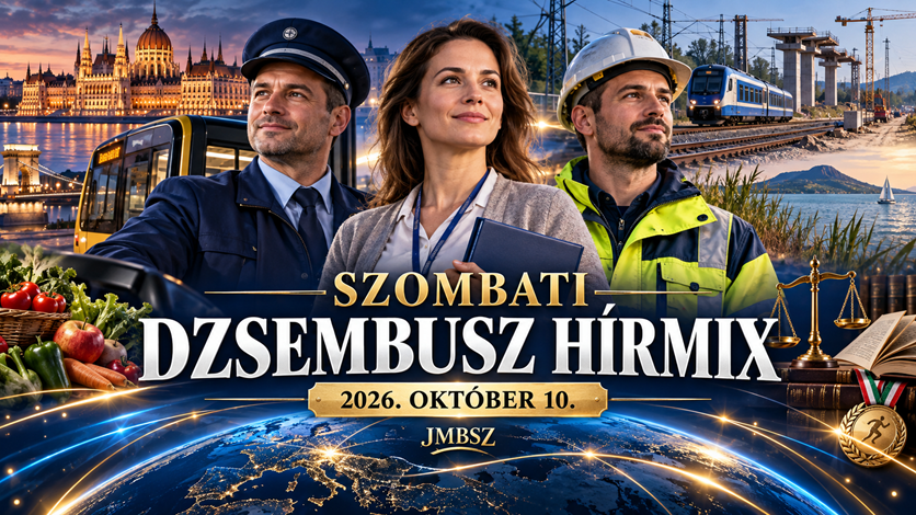 Szombati Dzsembusz Hírmix 2026. október 10. – járművezető, gyermekvédelmi szakember és vasúti műszaki dolgozó a JMBSZ napi hírösszefoglalójának borítóján