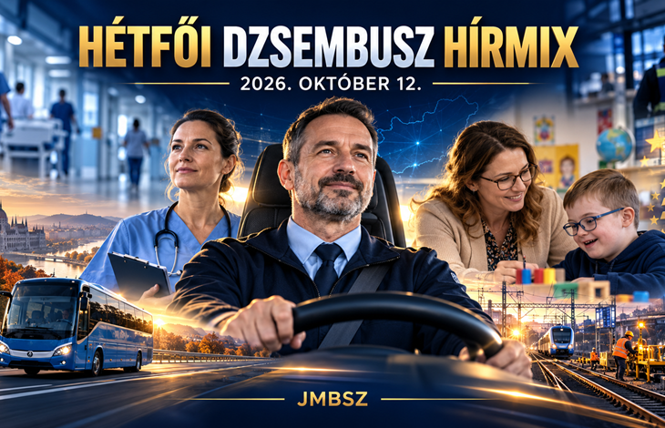 Hétfői Dzsembusz Hírmix 2026. október 12. – autóbusz-vezető, egészségügyi dolgozó, gyógypedagógus és gyermek a JMBSZ napi hírösszefoglalójának borítóján